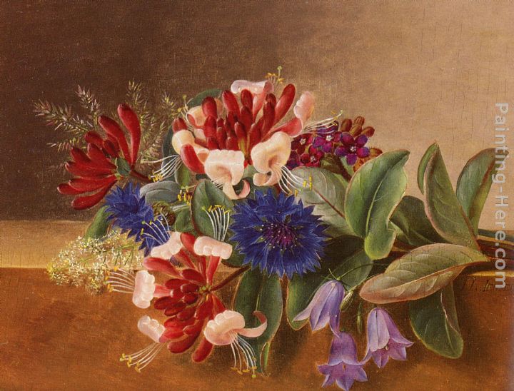 A Still Life with Honeysuckle, Blue Cornflowers and Bluebells on a Marble Ledge painting - Johan Laurentz Jensen A Still Life with Honeysuckle, Blue Cornflowers and Bluebells on a Marble Ledge art painting